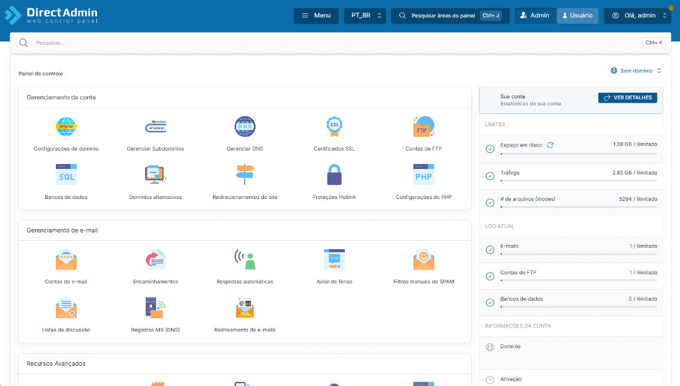 Painel DirectAdmin, rápido e fácil de usar